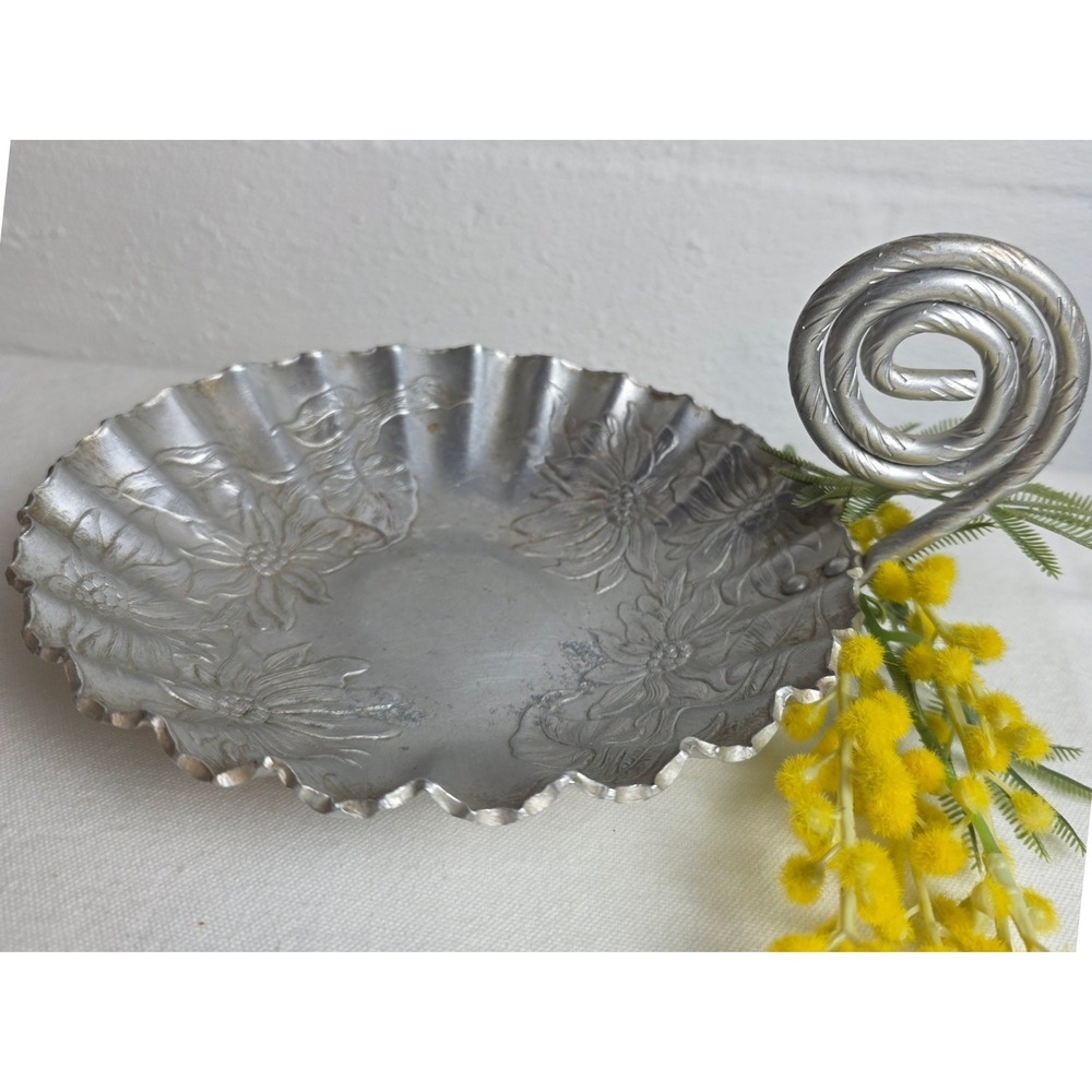 Farber & Shlevin Christmas Poinsettia Hand Wrought Aluminum Bowl Spiral Handle